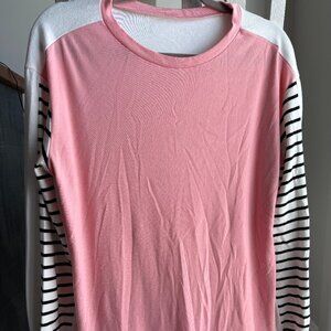 Long sleeve pink with black/white striped sleeve
